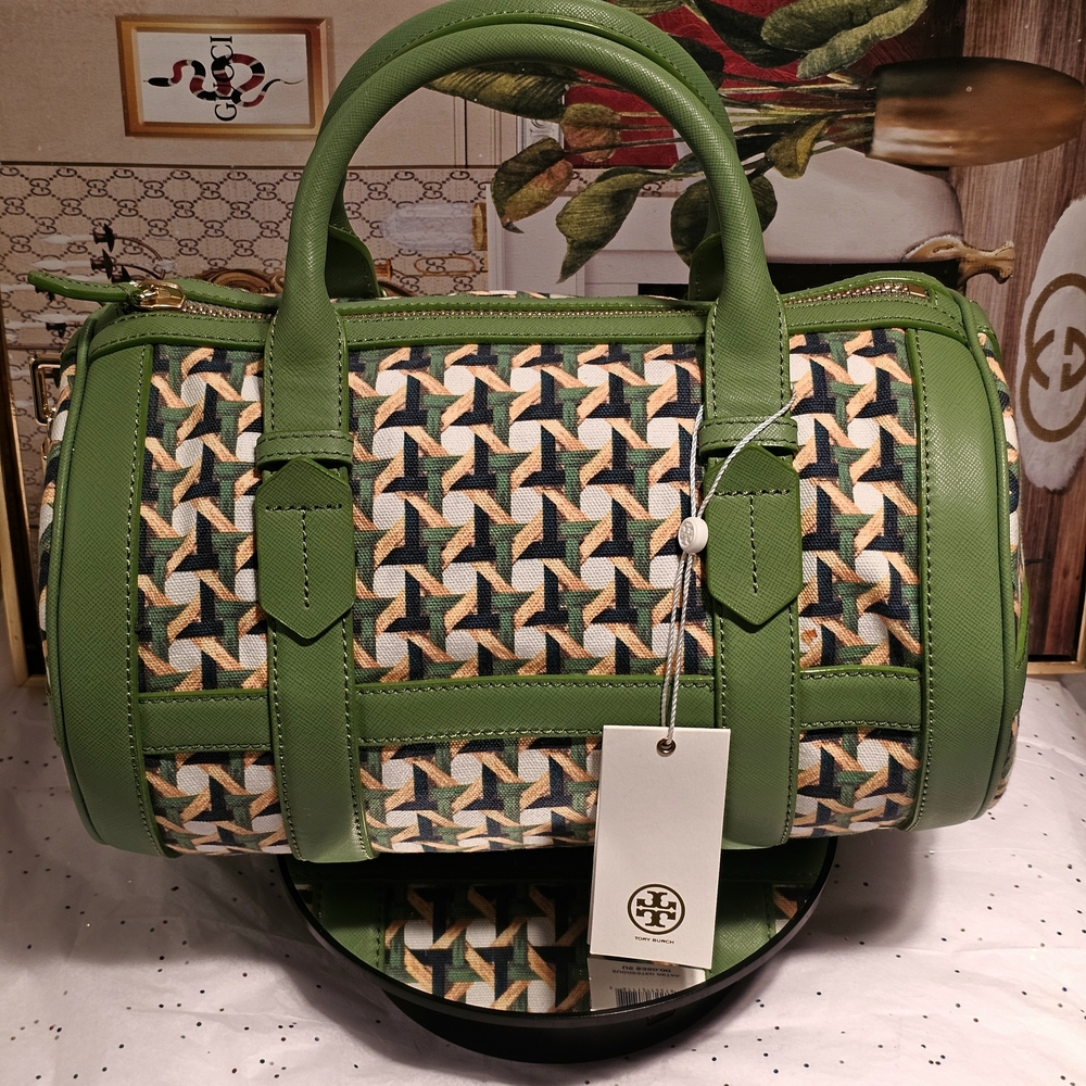 Tory Burch Riviera Green Wicker Print Leaf  Patterned Women's Satchel Bag - Picture 13 of 16